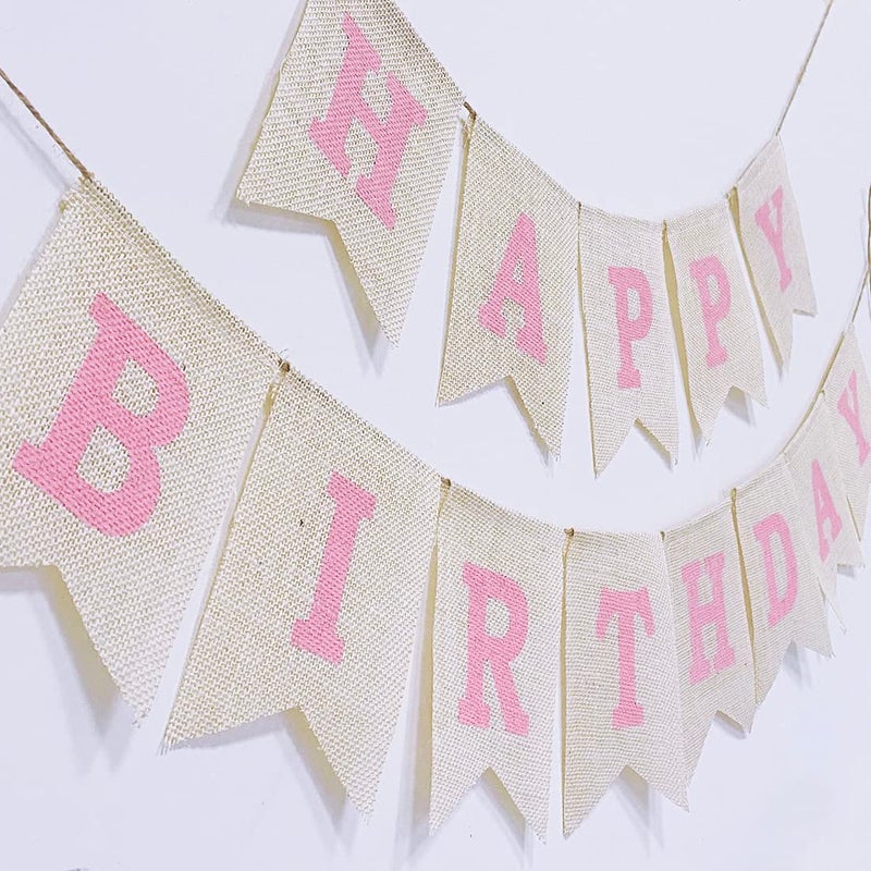 CROWNOS Burlap Happy Birthday Banner  Assembled Reusable Pink Happy Birthday Sign for Rustic Birthday Party Decorations - Image 4